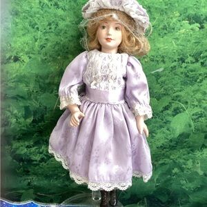 Lavender Porcelain Doll with Lace Dress